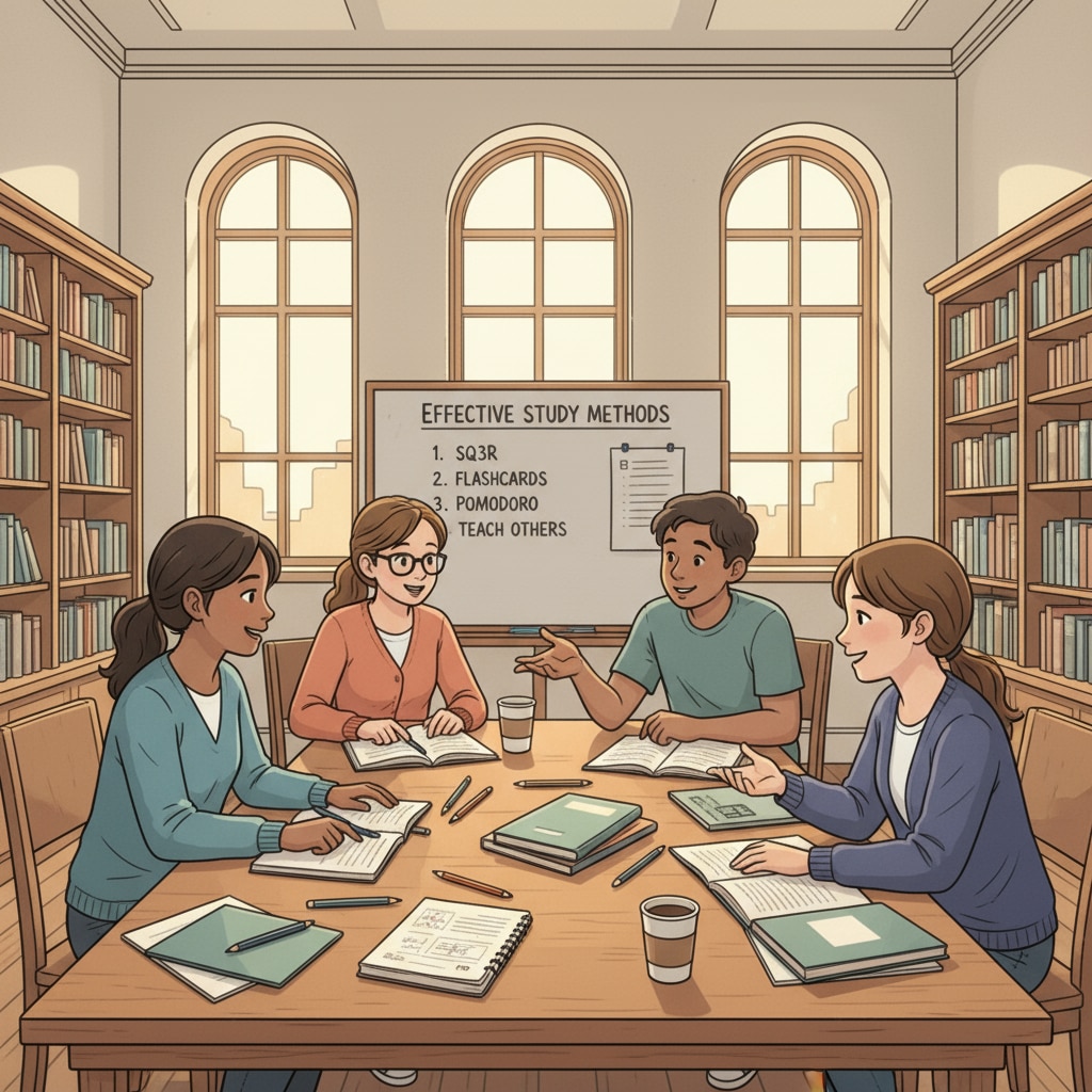 A group of high school students are sitting around a table in a library, discussing study methods, with books and notebooks in front of them. High school students discussing study methods and academic skills in a library
