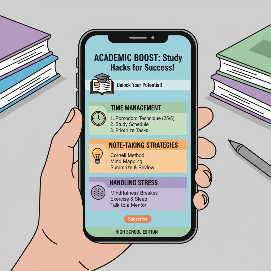 A smartphone screen displays a newsletter filled with study tips and academic advice for high school students. Smartphone screen showing a study method newsletter for high school students with academic skills advice