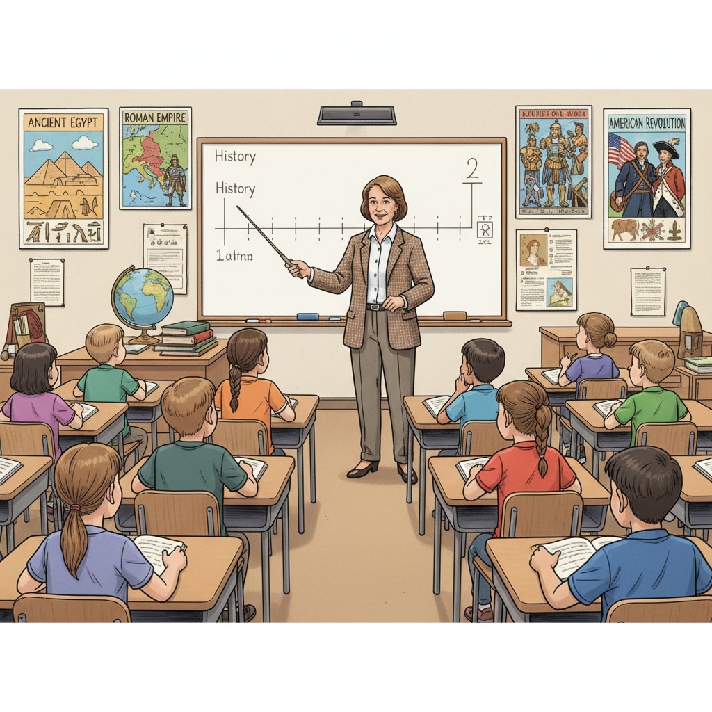 A classroom scene where students are listening intently to a history teacher, with historical posters on the walls. Classroom scene related to history education for students aspiring to be history teachers during college application and career planning