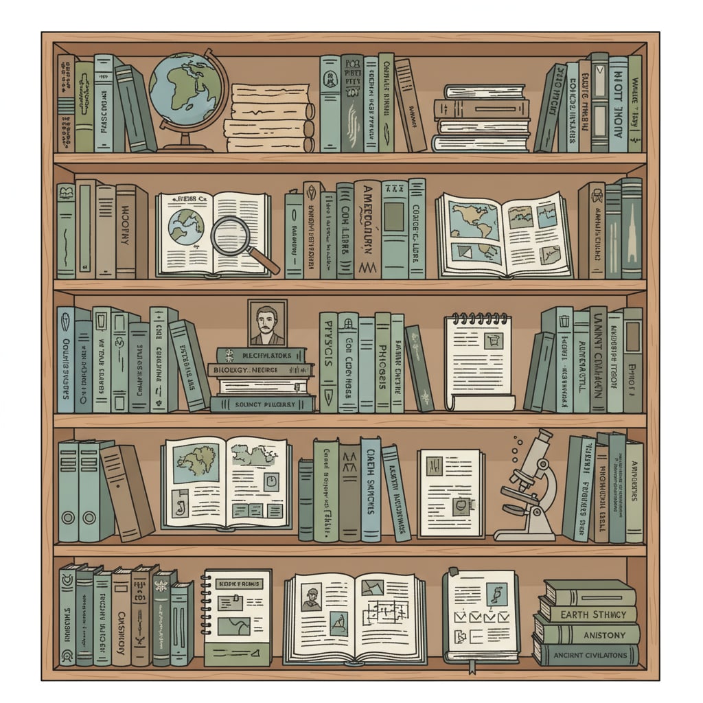 A bookshelf filled with a variety of history books, textbooks, and educational resources. A collection of resources for history education relevant to teacher career and college application
