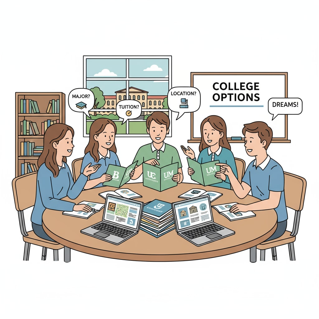A group of high school students are sitting around a table, discussing different college options, with brochures and laptops in front of them. High school students discussing college preparation, academic planning, and career choices