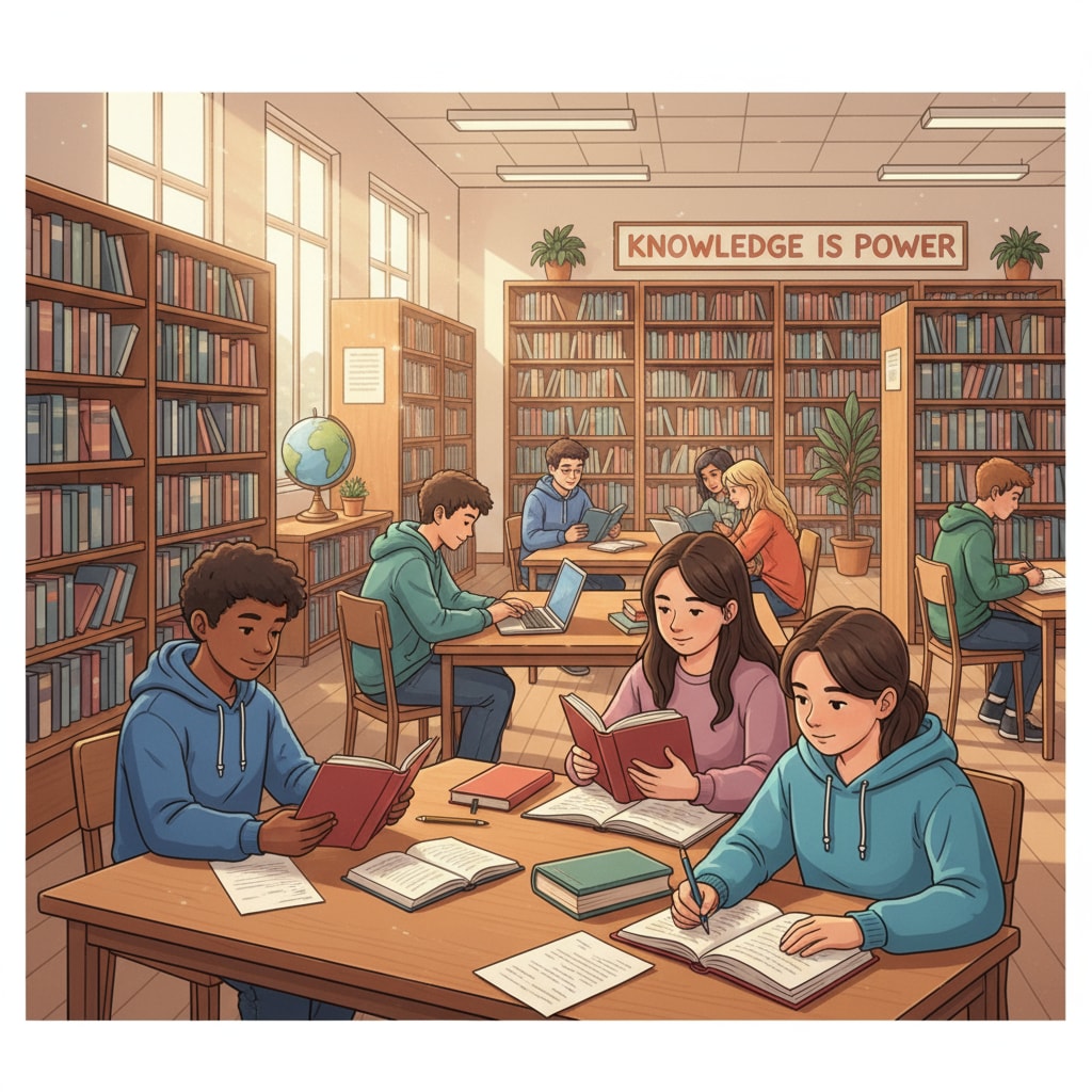 High school students are sitting at desks in the library, reading books and taking notes, surrounded by shelves of books. High school students using learning resources for college preparation, academic planning, and career choices