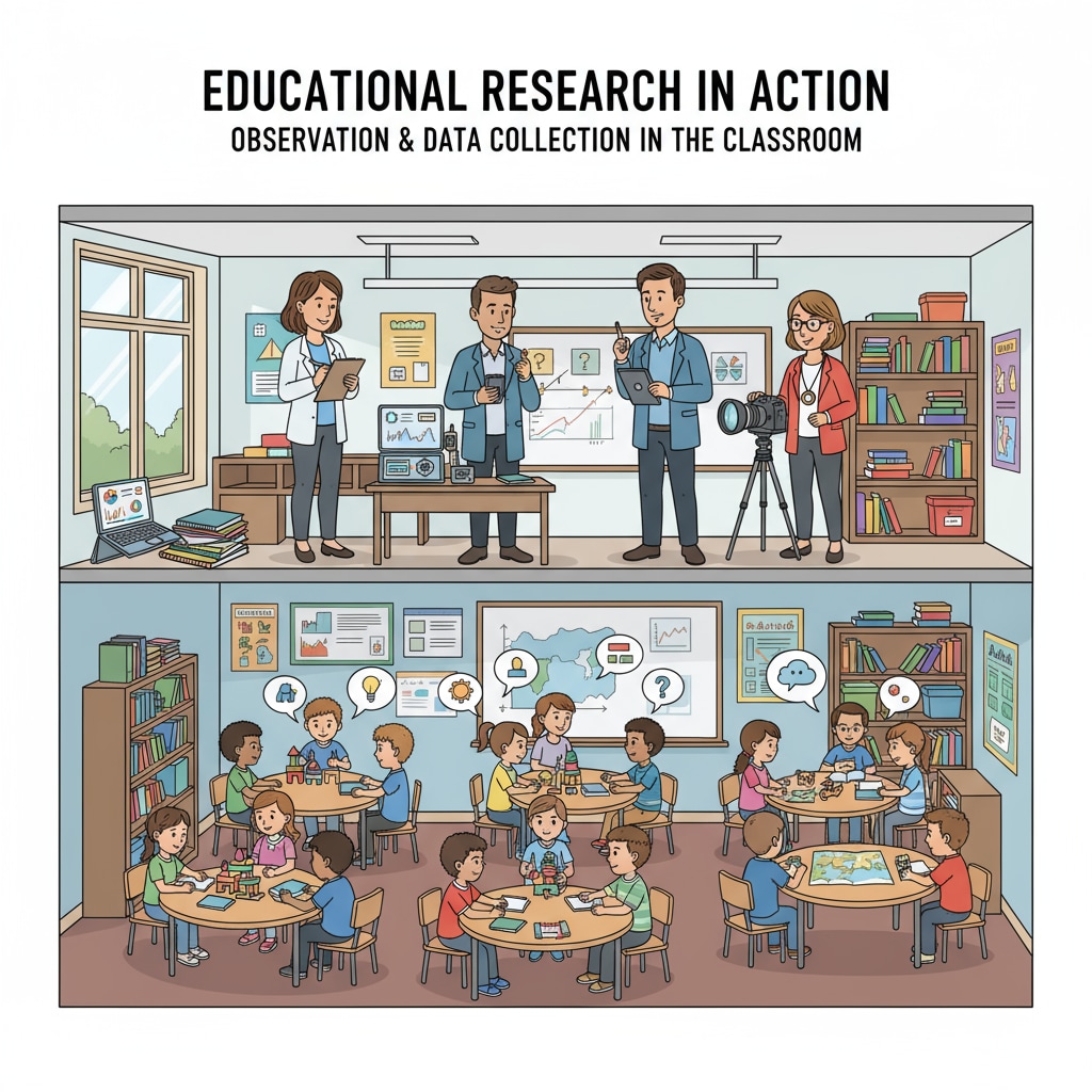 An illustration depicting researchers carefully observing a K12 classroom. They are taking notes and using various tools to collect data, which is an important part of educational research. Research in K12 education - observing a classroom for data collection