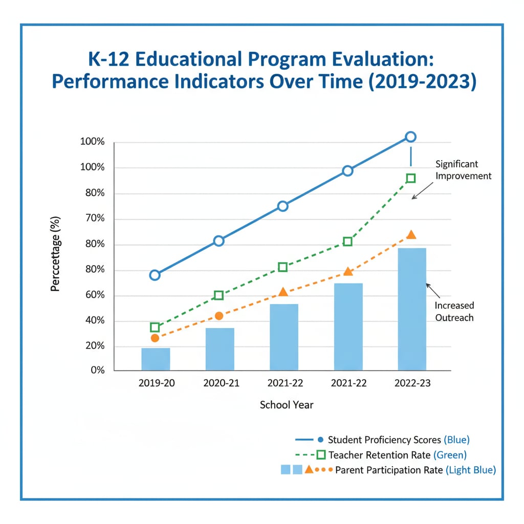 A graph presenting the results of an educational program evaluation in a K12 setting. The graph shows different performance indicators and how they have changed over time, providing valuable insights for educational improvement. Evaluation results in K12 education - graph showing performance changes