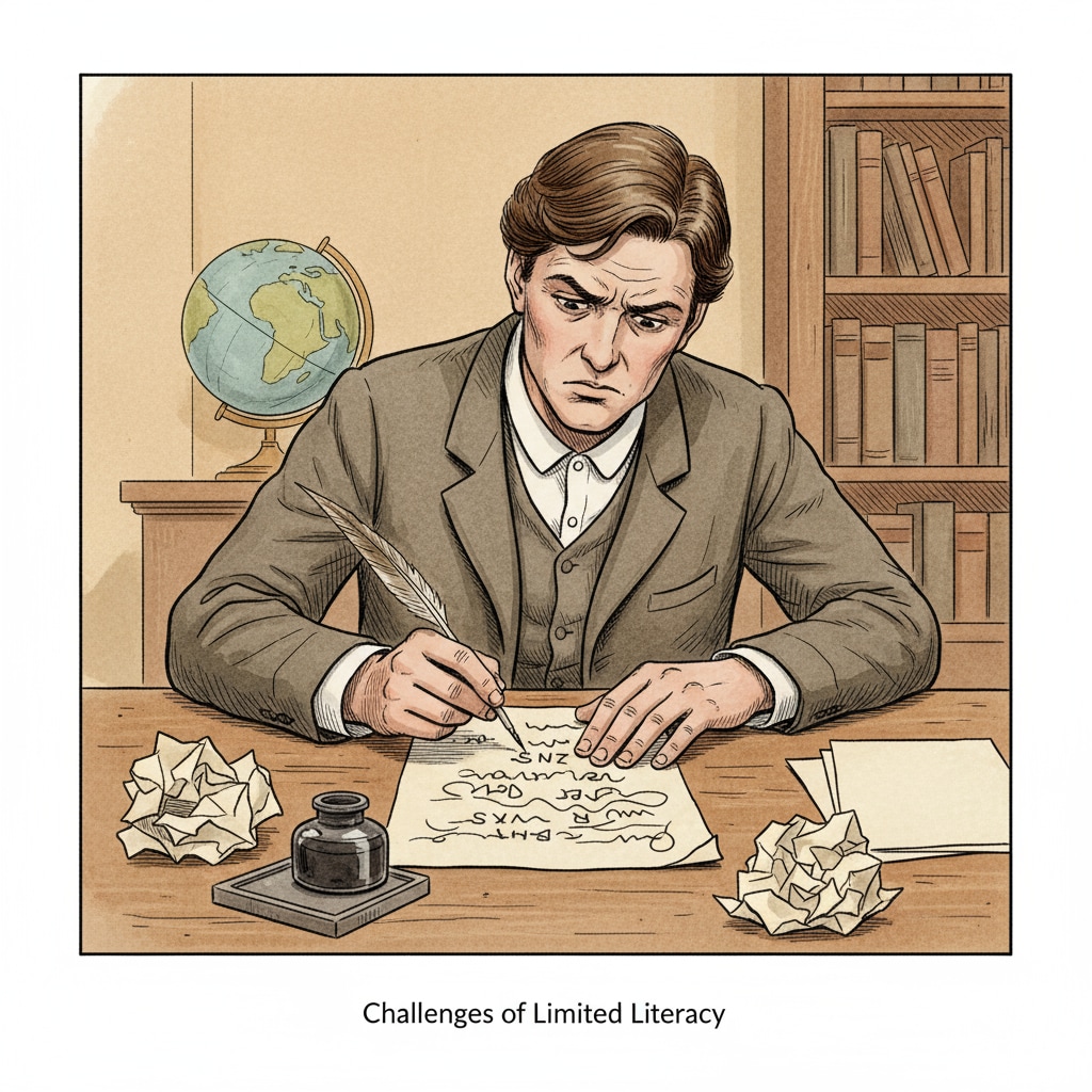 A person sitting at a table, struggling to write a letter, with a pen in hand and a piece of paper with some scribbles, representing the challenges of a character with limited education in writing. A person with limited education attempting to write a letter