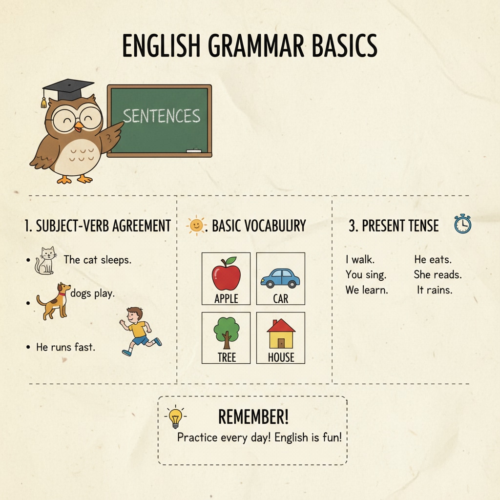 A page filled with simple, handwritten sentences that contain basic grammar and vocabulary, showcasing the writing style of a character with limited education. Handwritten page with simple sentences of a character with limited education