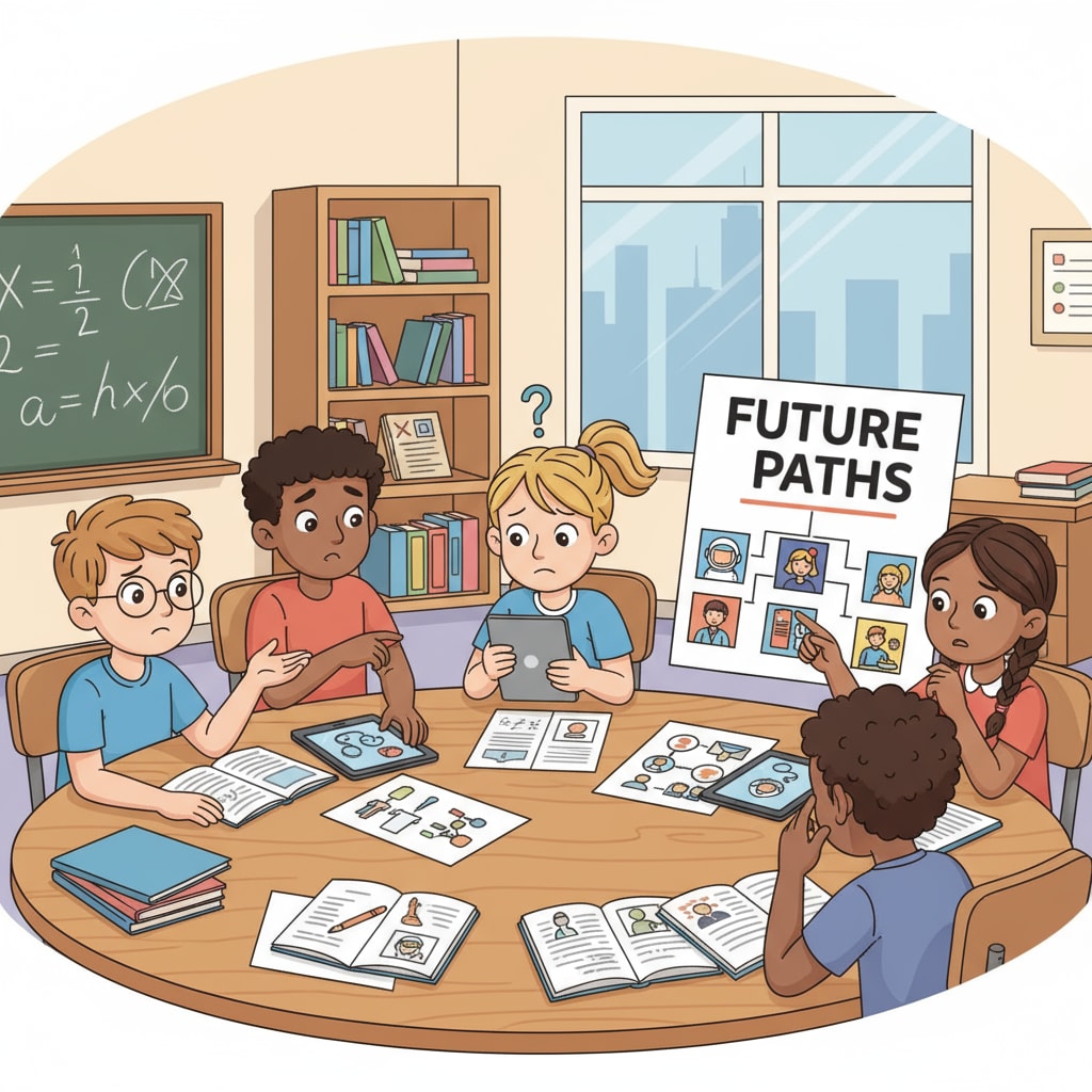 A group of K12 students sitting around a table, discussing their future career options, showing their curiosity and confusion about career choices. K12 students discussing career planning, dream jobs, and facing employment dilemmas