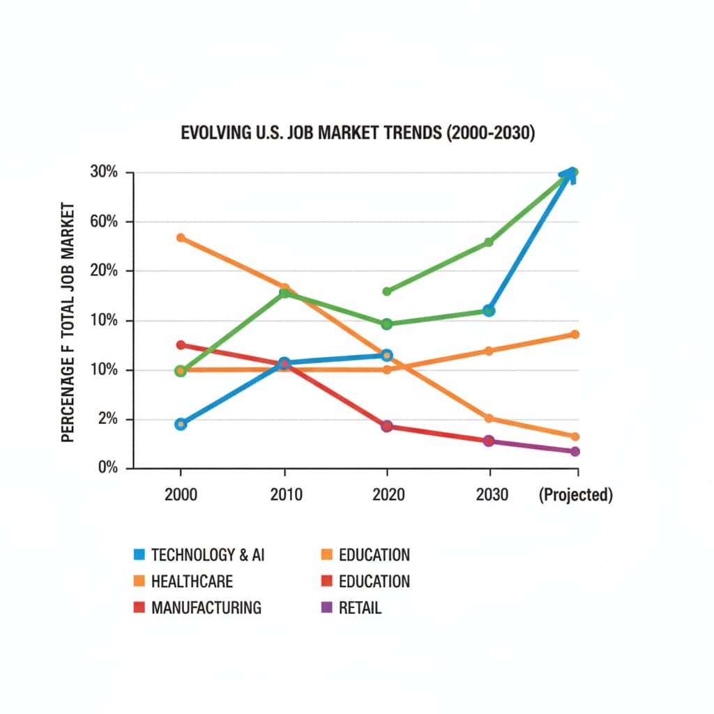 A graph showing the changing trends of different industries in the job market, indicating the dynamic nature of the employment landscape. Graph of changing job market trends related to career planning, dream jobs, and employment dilemmas