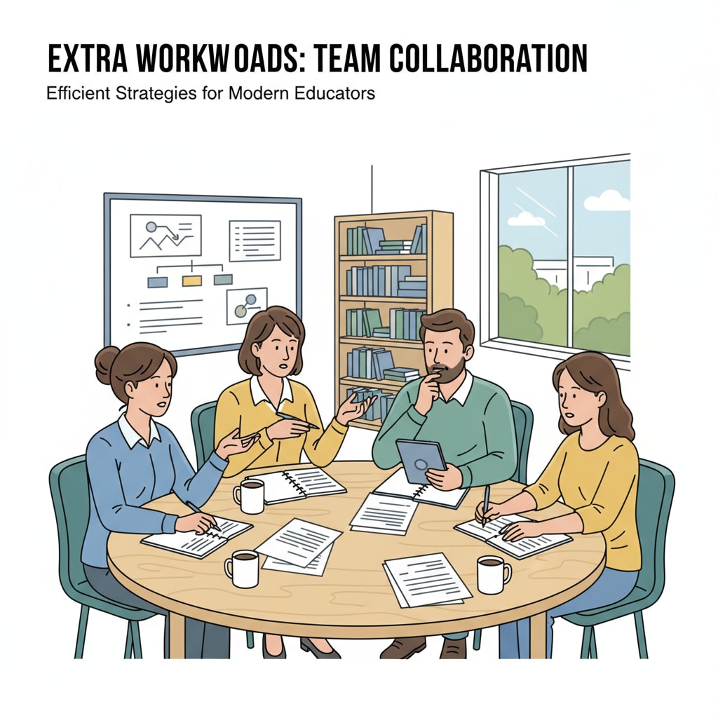 A group of educators sitting around a table, discussing extra work tasks, with notebooks and pens in front of them. Educators in higher education discussing extra work tasks without salary increase