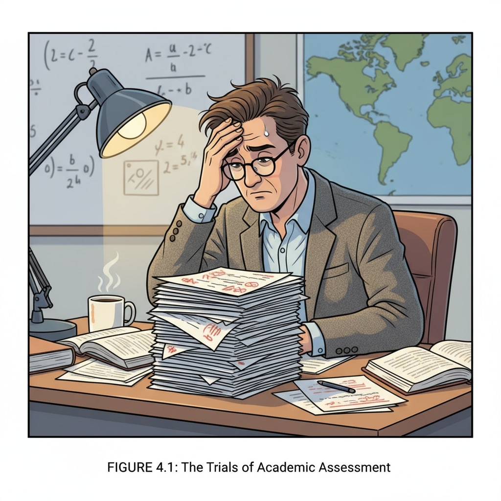 An educator sitting at a desk, looking stressed while grading a large stack of papers, with a lamp on the desk. An overworked educator in higher education due to extra work without pay