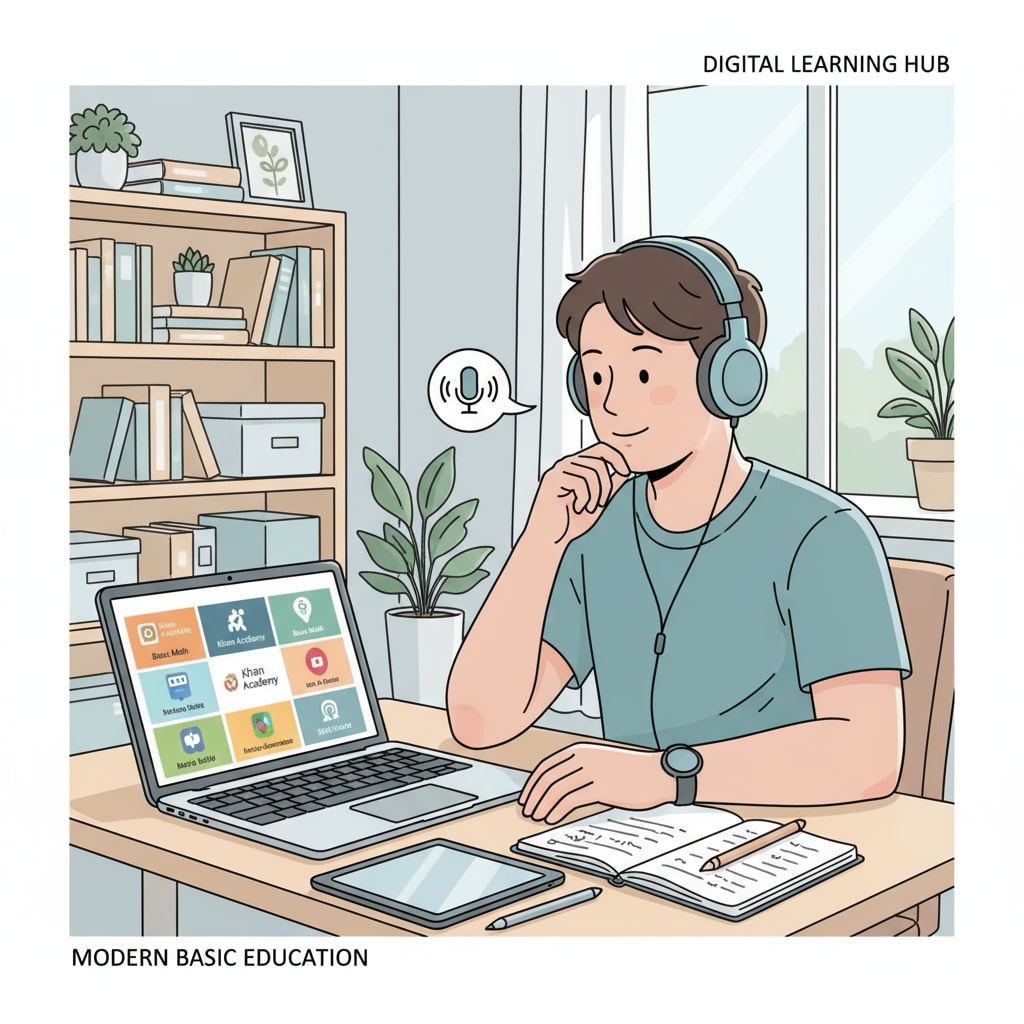 An adult is sitting at a desk, looking at a laptop screen with various online education platforms open, and wearing headphones as if listening to a podcast related to basic education. This image depicts the modern way of learning basic education using digital resources. An adult using online education platforms and listening to a podcast for basic education