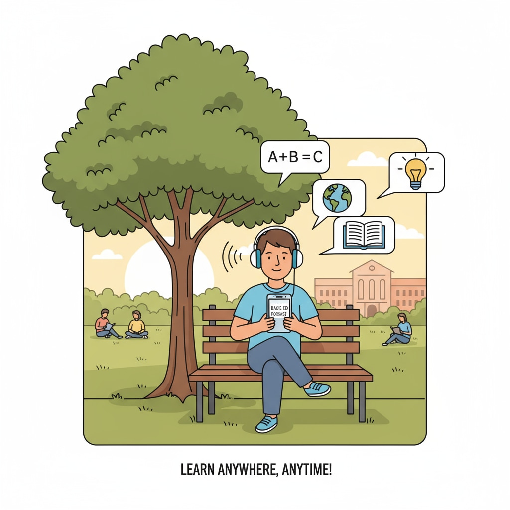 A person walking outdoors, wearing headphones and listening to a podcast about basic educational concepts. It shows the convenience of learning basic education through podcasts. A person listening to a basic education podcast while walking