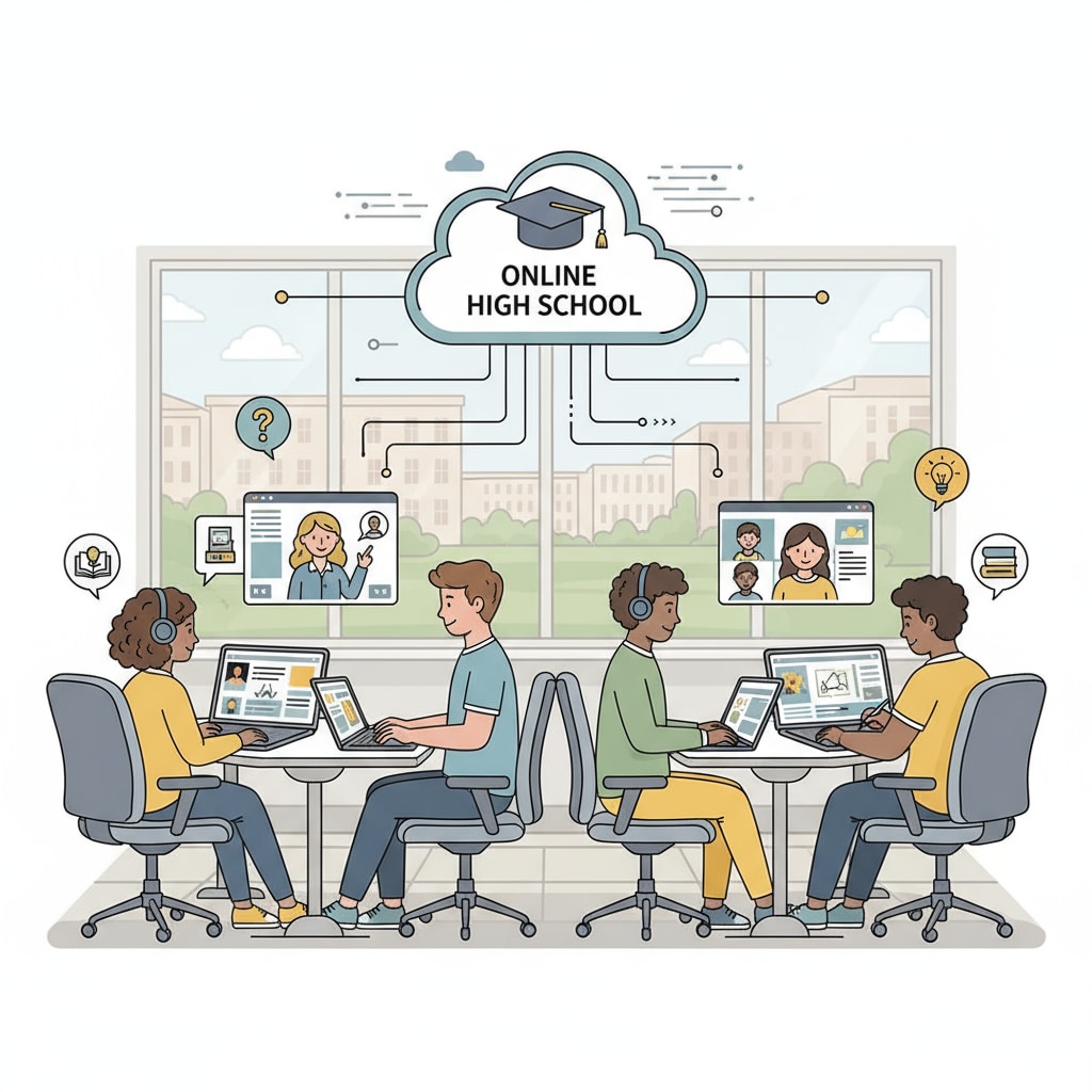 An image of students using laptops to study online, highlighting the nature of online high school learning. Students studying online for an online high school program with credit requirements and high school diploma goals.
