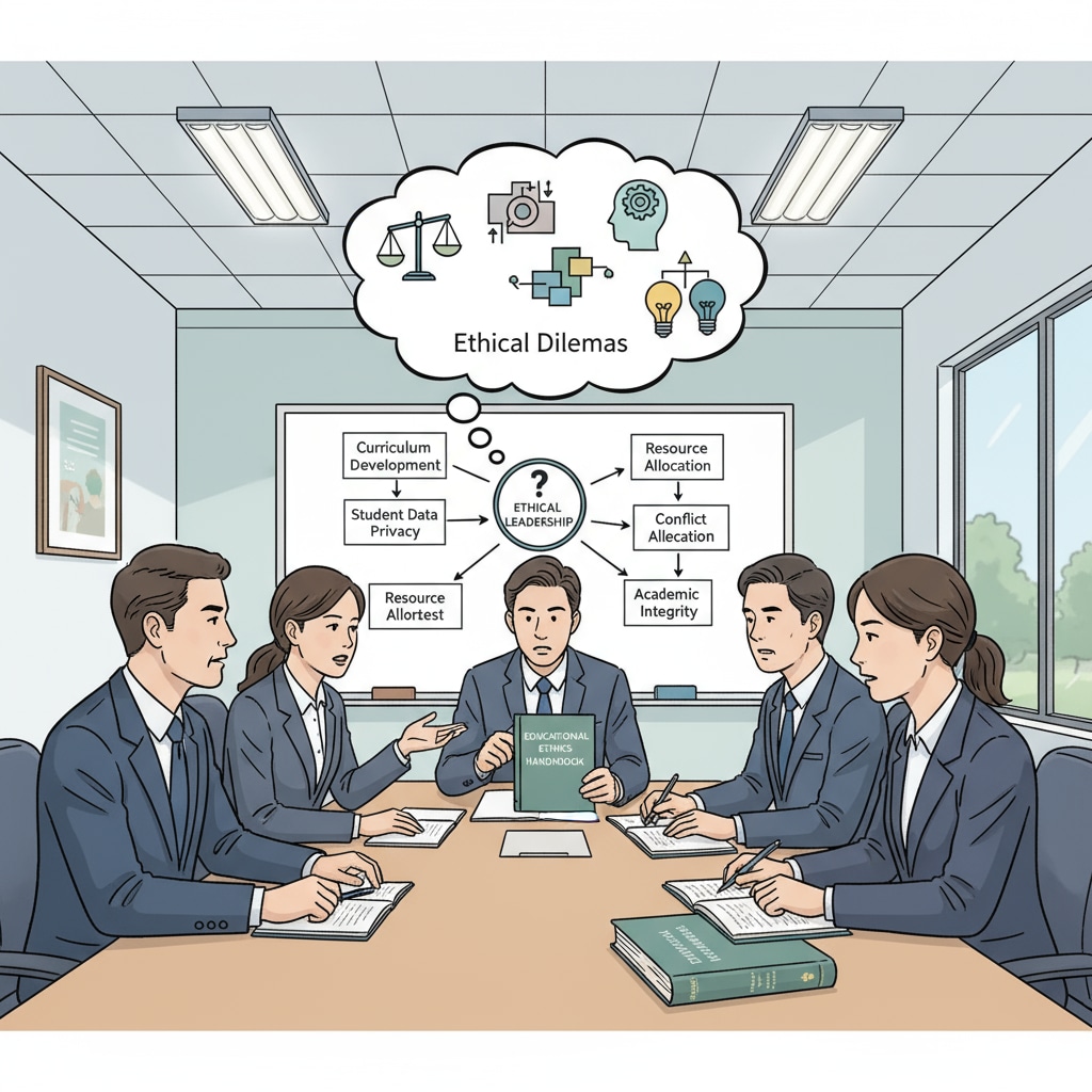 A meeting room scene where educational managers are engaged in a serious discussion about ethical issues in educational management. Educational managers discussing ethical dilemmas and leadership decisions in educational management
