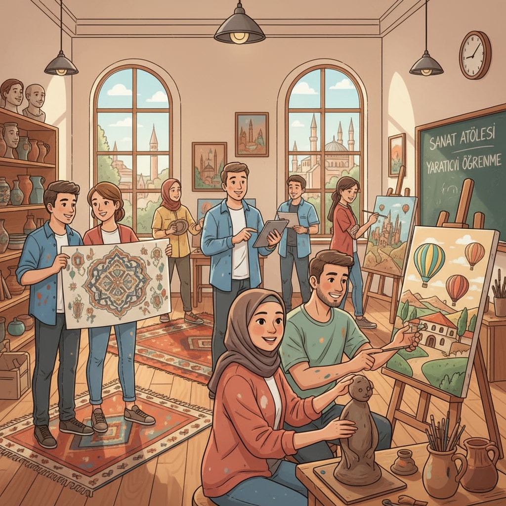 A group of students in an art studio in Turkey, engaged in creative activities. They are painting, sculpting, and discussing their artworks, showing the vibrant art learning environment in Turkey. Students in an English-taught art program in Turkey, relevant to Turkish study abroad, English-taught programs, and international student applications