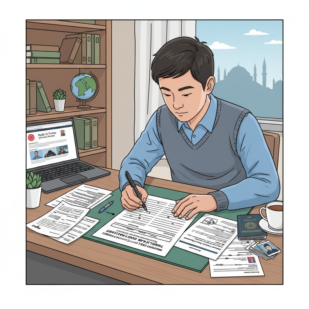 A student sitting at a desk, carefully filling out an international student application form. The student has various documents and papers spread out, indicating the application process for studying in Turkey. A student engaged in the international student application process for Turkish study, related to Turkish study abroad, English-taught programs, and international student applications