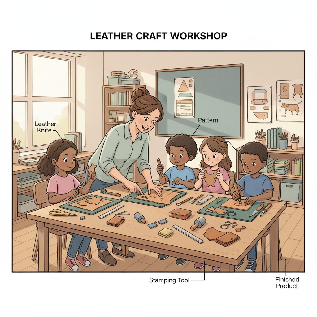 A group of children are carefully cutting leather pieces under the guidance of a teacher, showing their concentration and interest in the leather craft activity. Children engaged in leather education, learning traditional handicraft skills.
