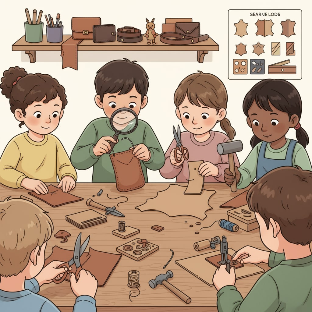 Children are using various leather tools such as needles, scissors, and punches to create their own leather handicrafts, demonstrating their hands-on learning experience. Children using leather tools in leather education, practicing traditional handicraft techniques.