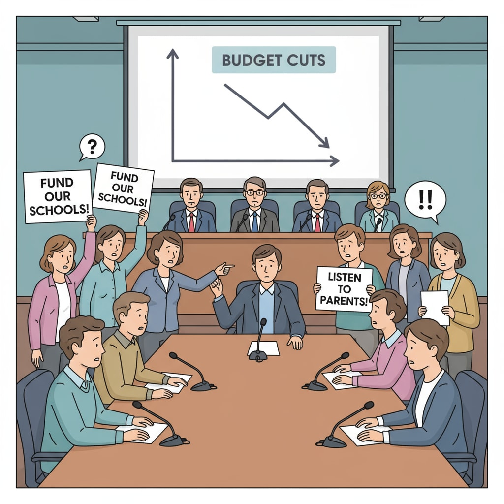 A group of parents gathered at a school board meeting, expressing their concerns. Parents discussing their complaints at a school board meeting in the context of public education, teacher feedback, and ideological disputes