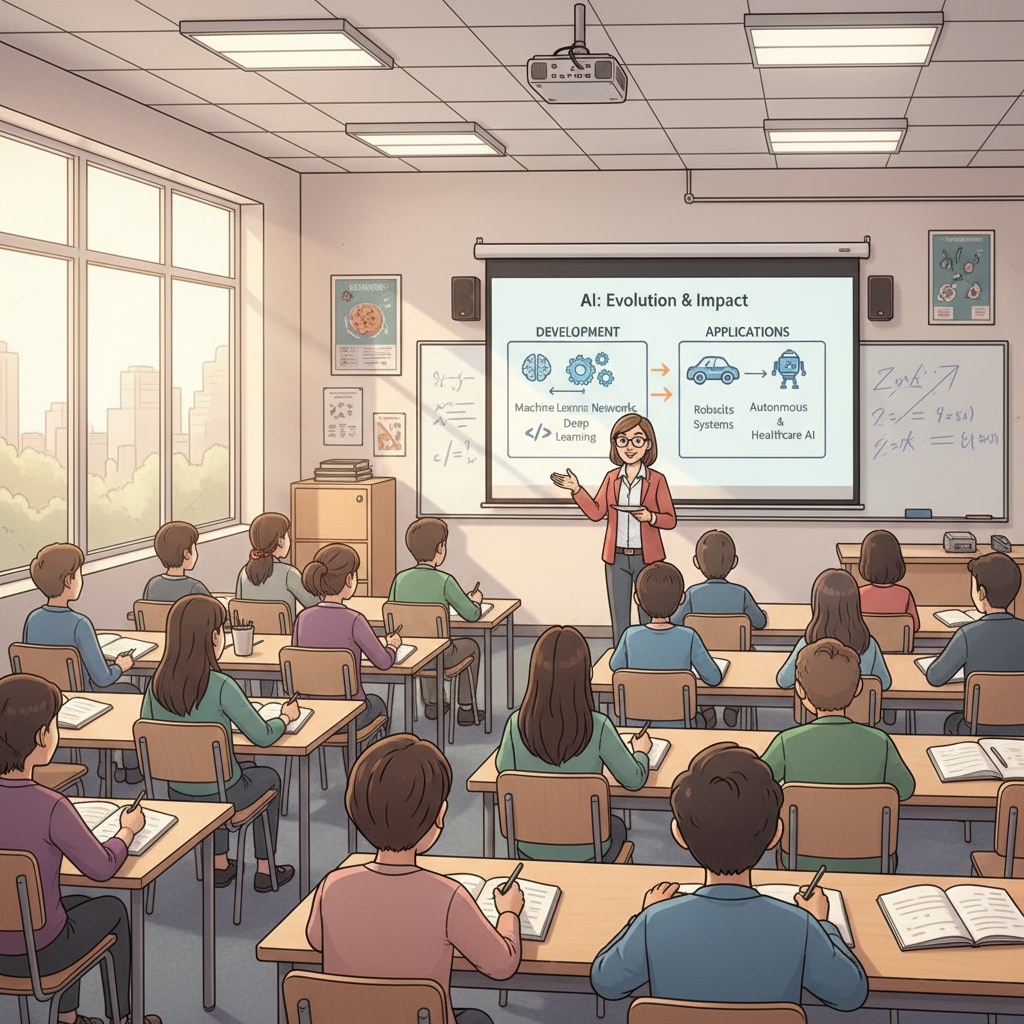 Students are in a classroom setting, listening intently as an instructor presents information about AI on a large screen. The slides display concepts related to the development and application of AI. AI education in a classroom setting, related to AI courses, prompt engineering, and educational development