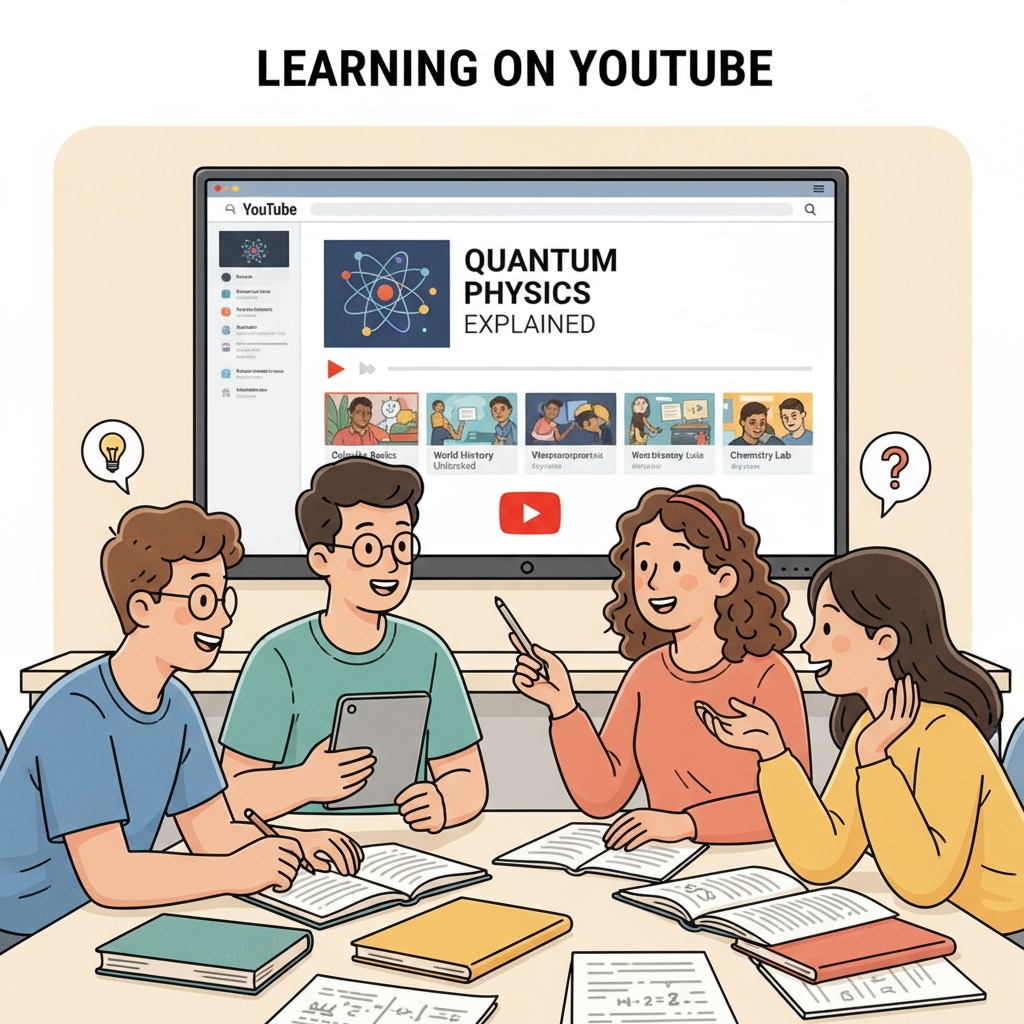 A group of students are gathered around a screen, watching educational videos on YouTube, showing the use of the platform for learning. Students watching YouTube educational content for K12 learning