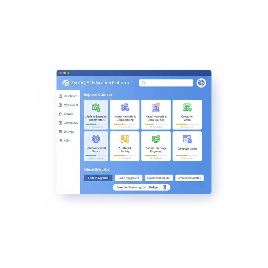 The interface of the ZynTiQ AI education platform showing various course options and interactive elements. ZynTiQ AI education platform interface with lifetime membership and certified courses display