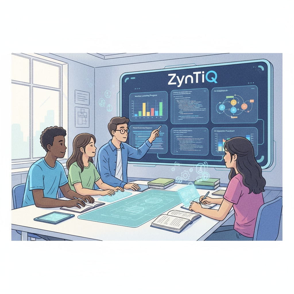 Students actively engaged in learning AI concepts on the ZynTiQ platform, with graphs and code snippets visible on the screen. Students learning AI concepts on ZynTiQ platform with certified courses and lifetime membership benefits