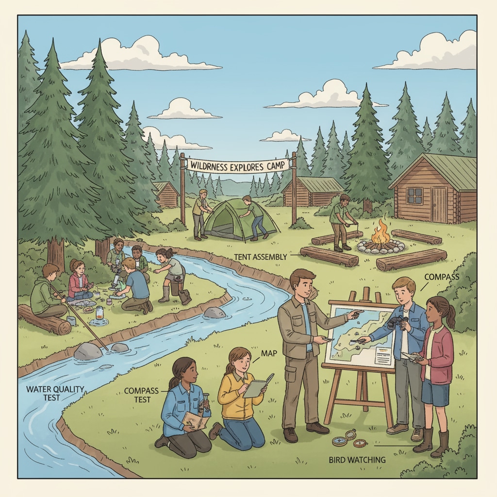 Students are engaged in various outdoor activities at a camp, similar to the setting of Camp Ramah where outdoor education takes place. Students participating in outdoor education at a camp related to School Contracts, Camp Ramah, Outdoor Education, Zionism