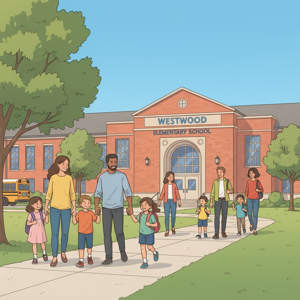 A group of parents and children are walking towards a public school building. The building has a large sign with the school name. Parents and children approaching a public school for educational choice and school visit