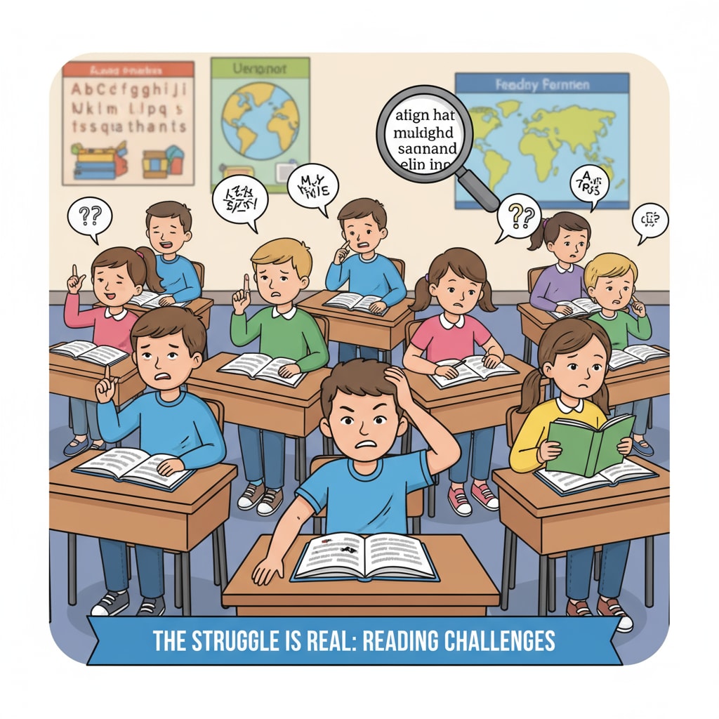 A group of K12 students sitting at desks, looking confused while trying to read books, indicating struggles with reading. K12 students facing difficulties in literacy, which is related to democracy and the importance of reading and writing.