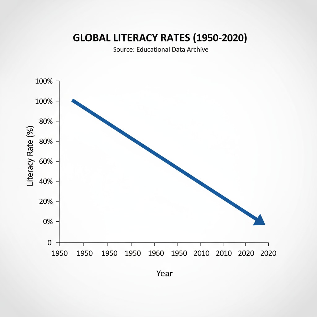 A line graph with years on the x-axis and literacy rates on the y-axis, showing a downward trend over time. Graph depicting the decline in K12 literacy rates, highlighting an issue relevant to democracy, reading, and writing.