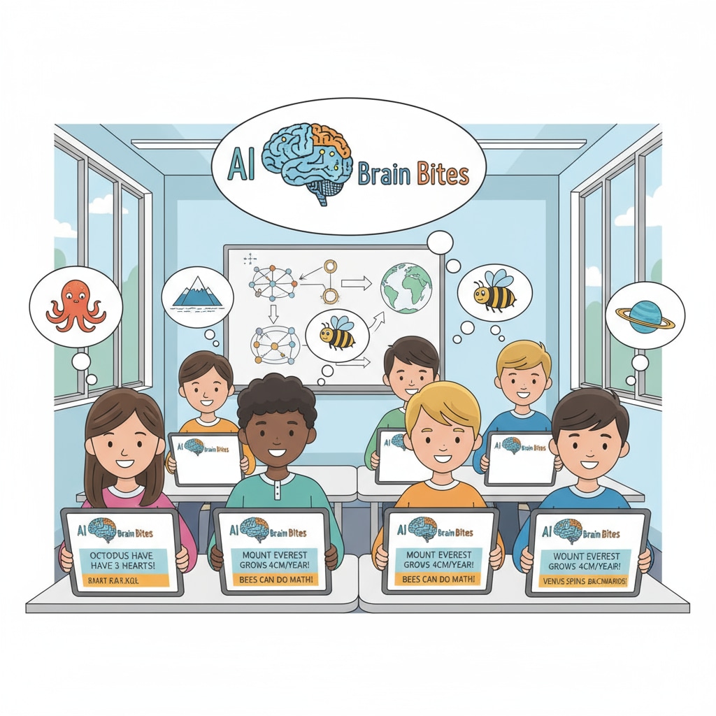 An illustration showing students using AI Brain Bites on their devices to learn interesting educational facts Students using AI Brain Bites learning tool to discover educational facts