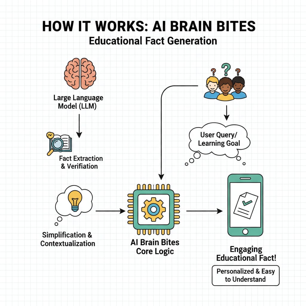 A diagram depicting the process of how AI Brain Bites generates educational facts Diagram of AI Brain Bites generating educational facts