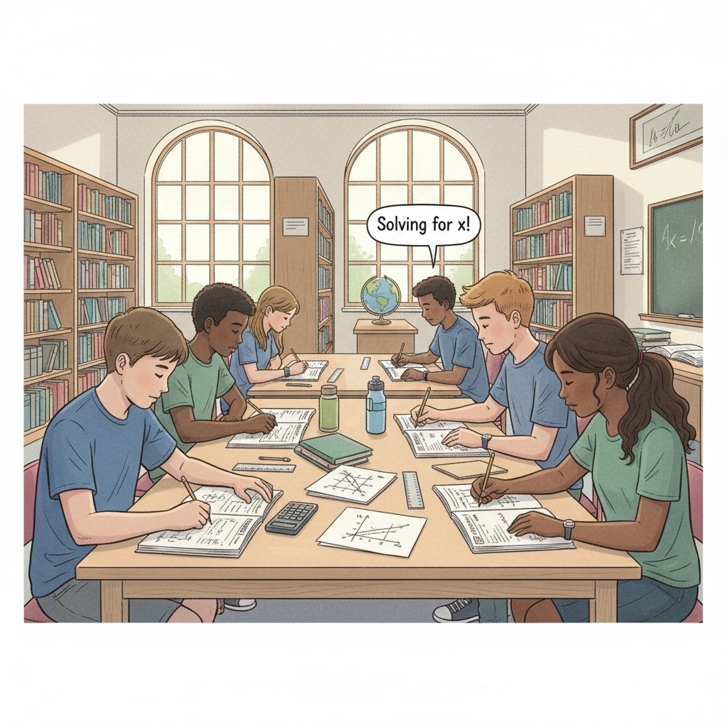 Students are sitting at tables in a library, intently studying high school algebra using workbooks. High school students studying algebra with workbooks