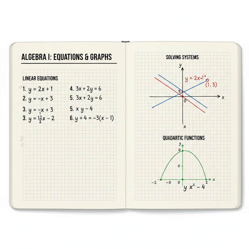 A close-up view of an algebra workbook page showing equations and graphs for students to study. Close-up of an algebra workbook page
