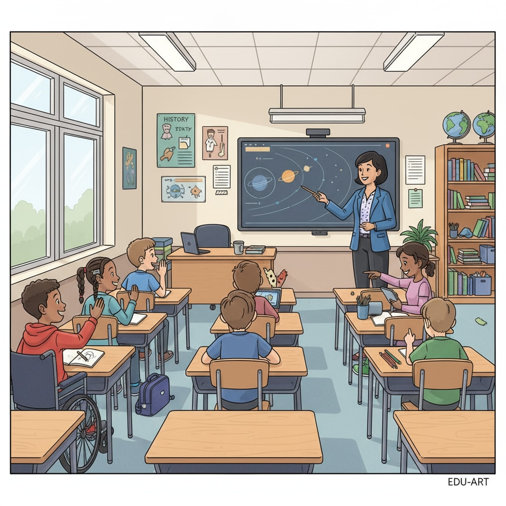 A classroom scene showing a mix of seventh - grade students in an inclusive setting, some engaged and some not following the teacher's instructions. Seventh - grade inclusive classroom with students not following instructions