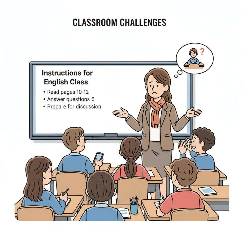 An English teacher standing in front of a classroom with a worried expression as some students are not paying attention to the instructions. English teacher dealing with students not following instructions in an inclusive classroom