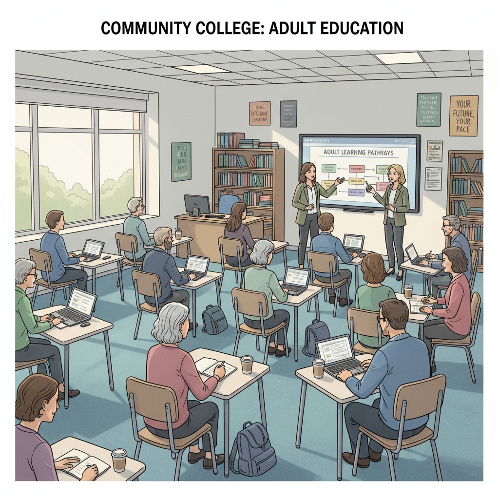 An image showing adults studying in a community college classroom, representing the adult education environment Adults studying in a community college for high school diploma completion in free adult education program