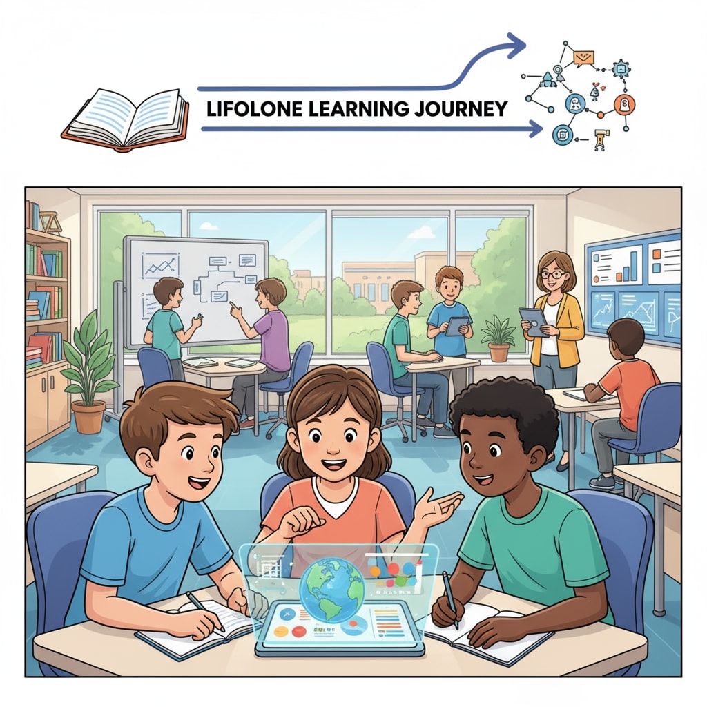A group of students in a modern K12 classroom, engaged in active learning and discussion, symbolizing the start of their lifelong learning journey. Students in a K12 classroom starting their lifelong learning journey related to education, lifelong learning, and success.
