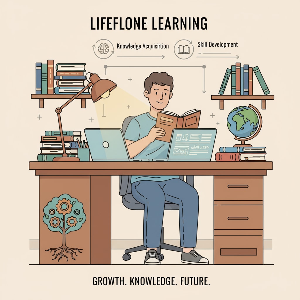 A person sitting at a desk, reading books and using a laptop, demonstrating the act of lifelong learning. A person engaged in lifelong learning, an important aspect for success in the context of education.