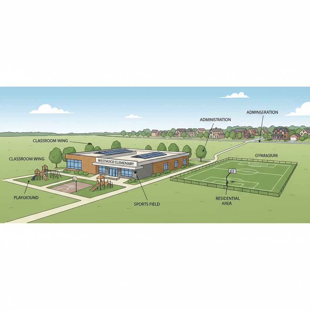 A modern small - town public school building stands by itself, with a visible distance from the neighboring community houses, symbolizing the separation between the school system and the community. A modern small - town public school building showing separation from the community, related to school system independence and community separation