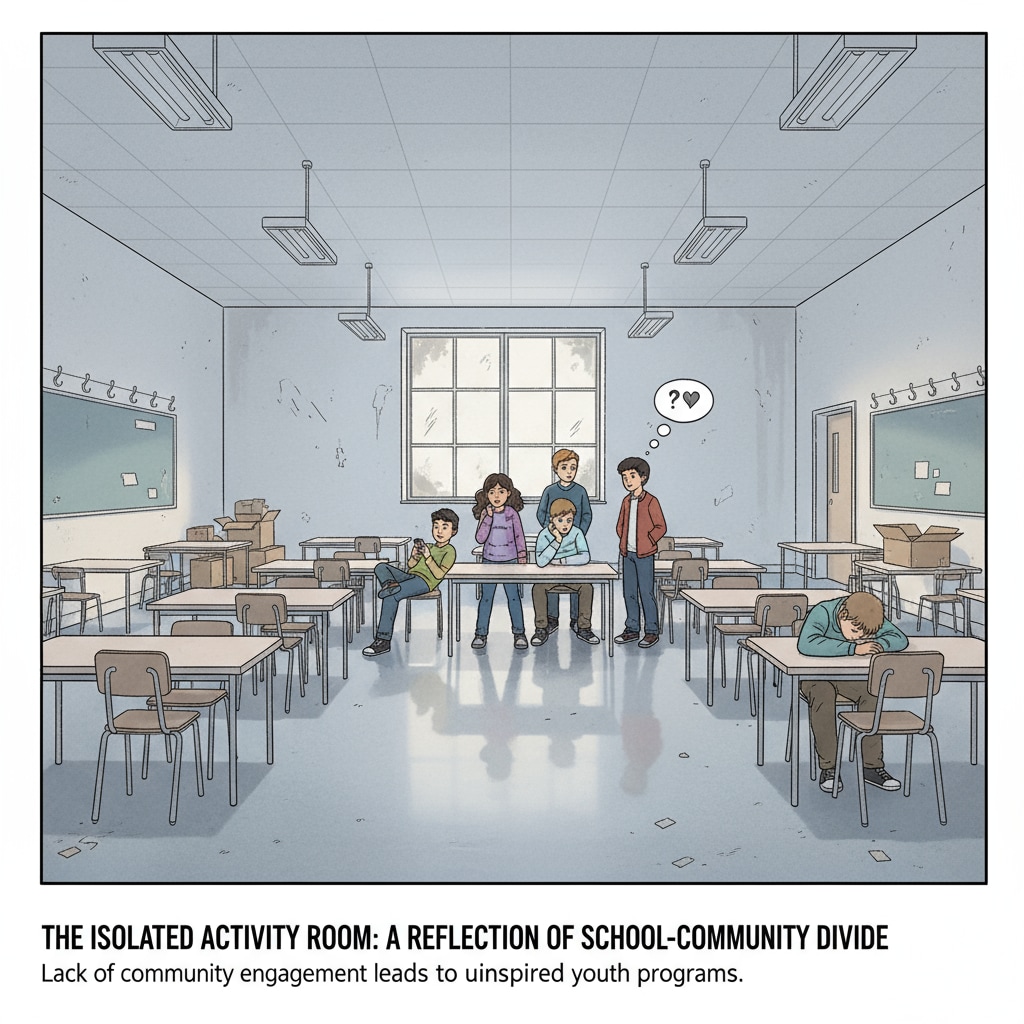 A group of students are in an empty after - school activity room, looking uninterested. The room lacks any decorations related to the community, highlighting the impact on youth programs due to the separation between schools and communities. Students in an empty after - school activity room affected by school - community separation, relevant to youth programs