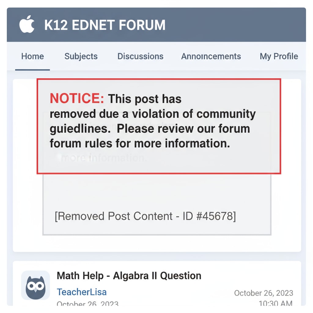 A screenshot of a K12 education forum where a post that was previously there is now missing, with a notice indicating that the post has been removed. Screenshot of a K12 education forum showing a removed post related to post removal without explanation and forum rules