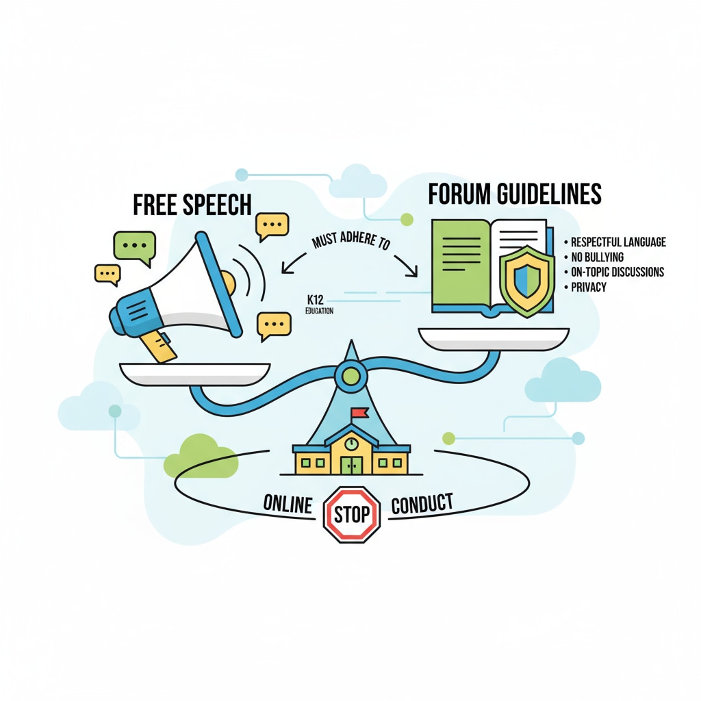 A graphic that visually represents the need to balance free speech within the boundaries of forum rules in a K12 education context. Graphic showing the balance between free speech and forum rules in K12 education related to post removal without explanation