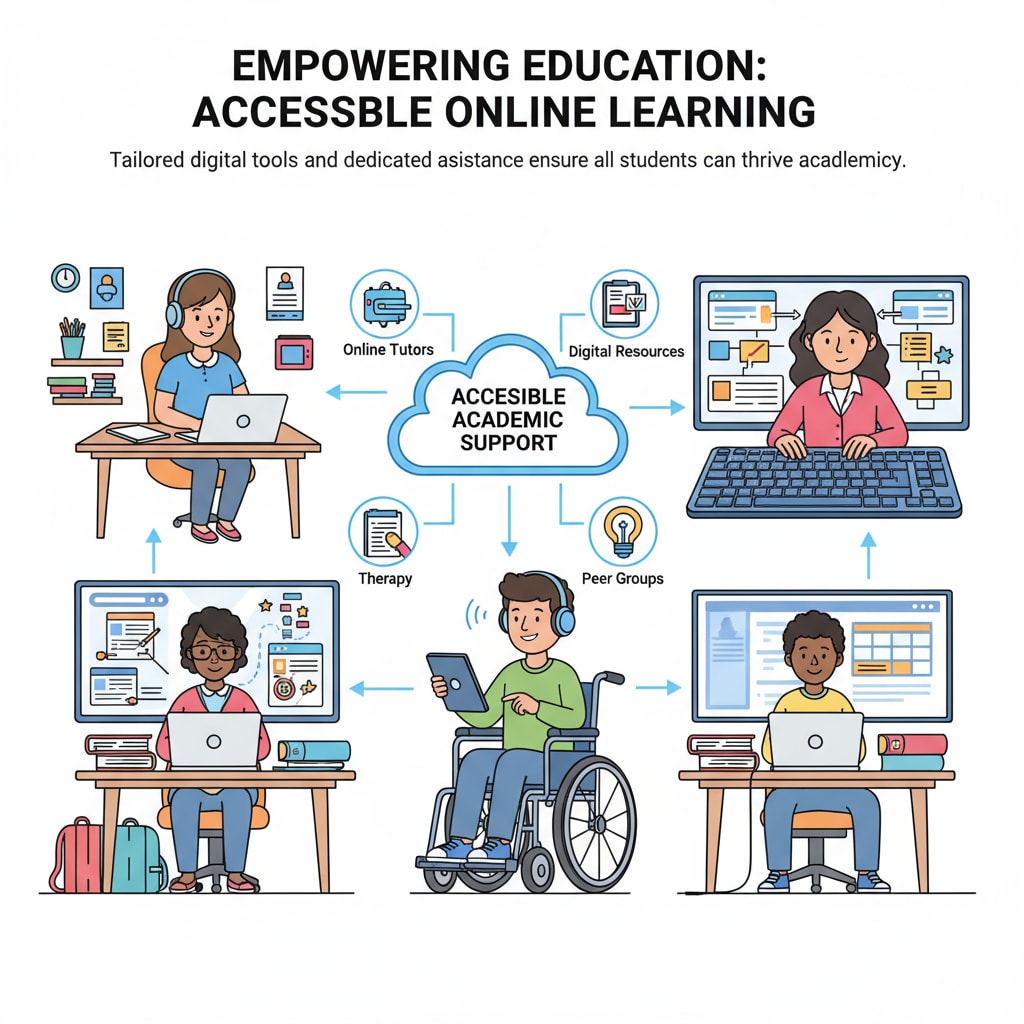An illustration depicting students with special needs actively participating in online learning sessions, highlighting the importance of accessible academic support. Students with autism engaged in online academic learning