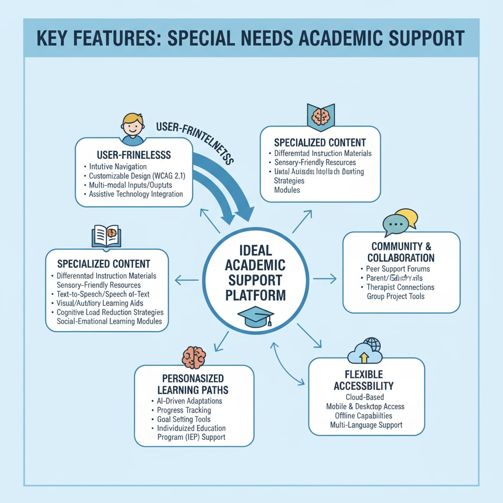 A diagram presenting the key features that an ideal academic support platform for students with special needs should possess, emphasizing user-friendliness and specialized content. Features of an academic support platform for autism students