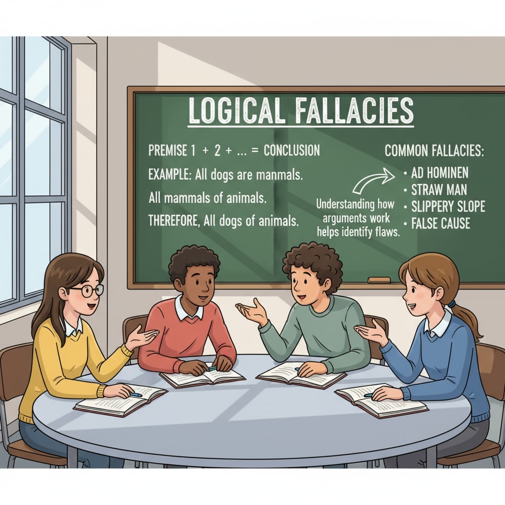 A group of high school students are engaged in a lively discussion in a classroom. The blackboard in the background has some basic logical concepts written on it, such as premises and conclusions, which are related to understanding logical fallacies. High school students discussing logical concepts in a classroom, promoting critical thinking through educational reform