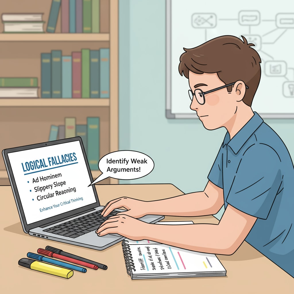 A high school student is sitting at a desk, using a laptop to research logical fallacies. There are notebooks and pens beside the laptop, and the student is taking notes, showing an active engagement in learning about logical fallacies to improve critical thinking. High school student researching logical fallacies to enhance critical thinking as part of educational reform