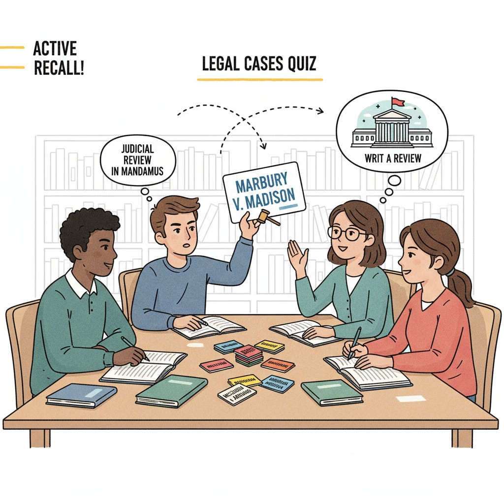 Students are sitting around a table, using flashcards to quiz each other about legal cases. They are engaged in active recall, discussing the details of the cases and trying to remember the relevant legal concepts. Students practicing active recall with flashcards during legal study