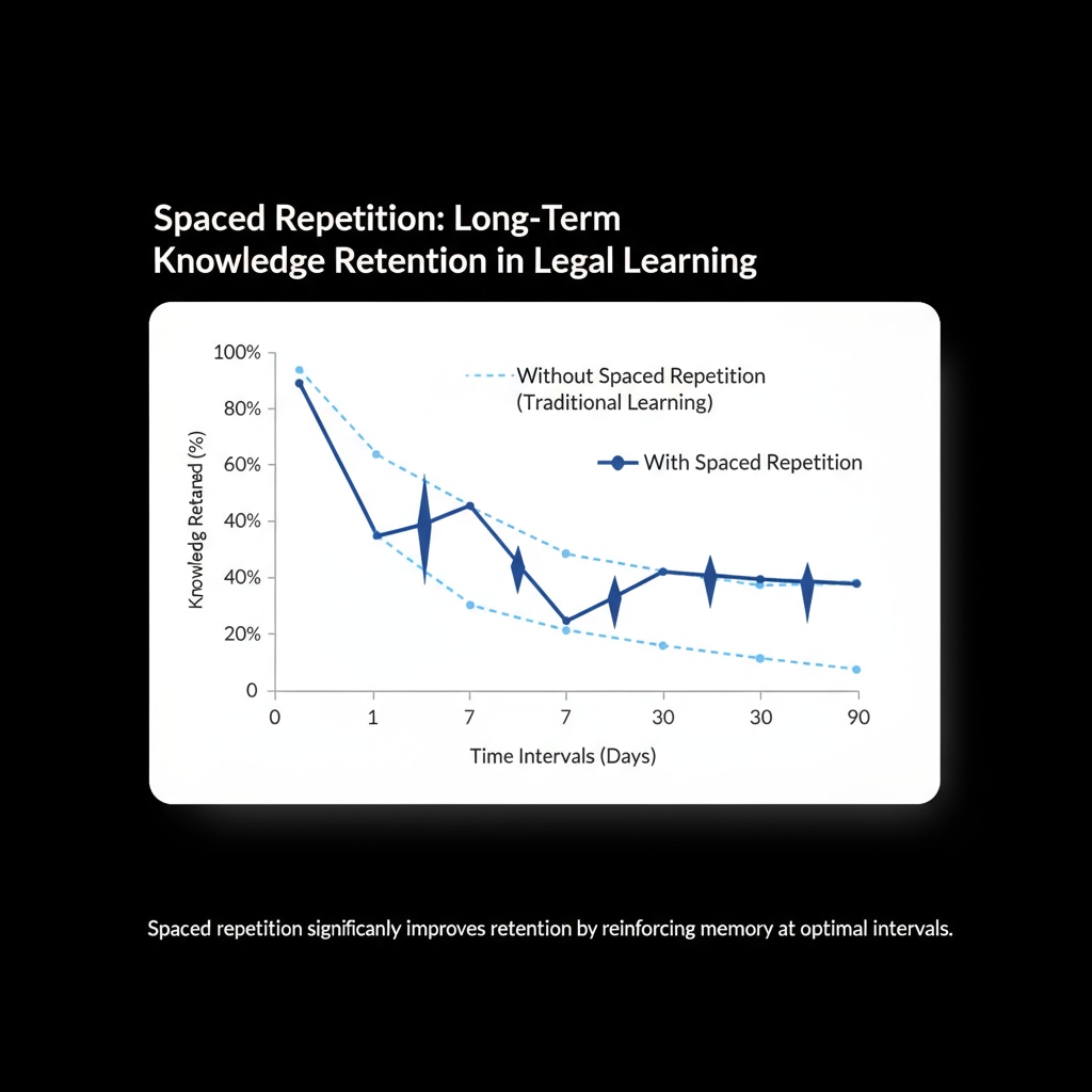 A line graph depicts the increase in knowledge retention over time using spaced repetition. The x-axis shows different time intervals, and the y-axis represents the percentage of knowledge retained. It clearly demonstrates how spaced repetition leads to better long-term retention in legal learning. Graph showing the effectiveness of spaced repetition in legal knowledge retention